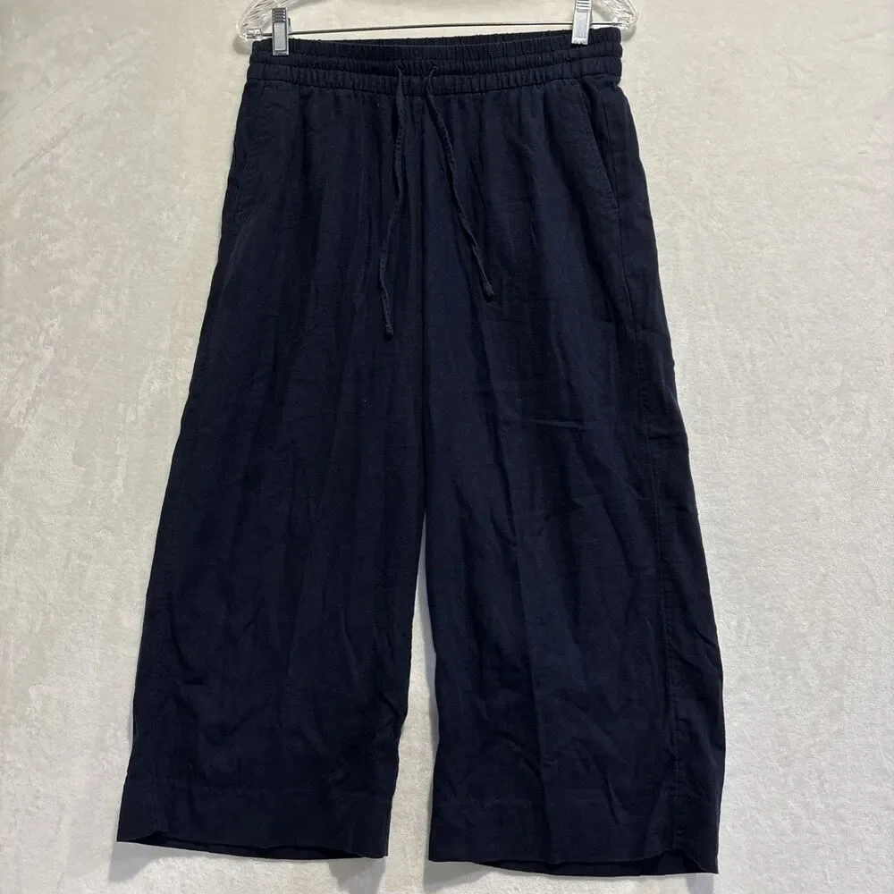 Banana Republic Linen Blend Wide Leg Crop Pull On Drawstring Pants Navy Small